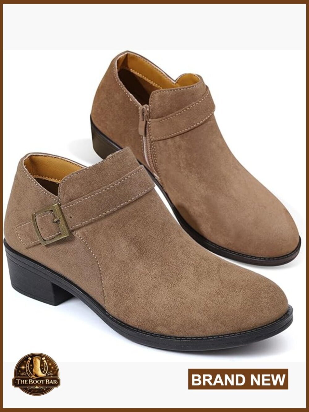 Women's Suede Ankle Boots with Buckle Strap, Low Block Heel, Western Style,